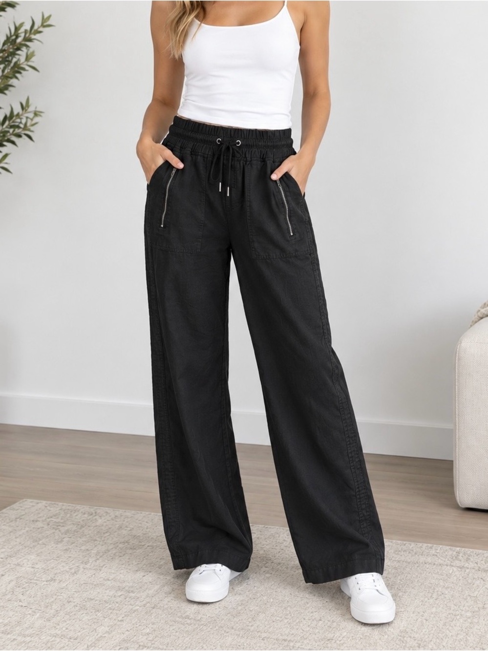 Athleta Cabo Linen Wide Leg Pants Women’s Size 4 Black 100% Linen Drawstring